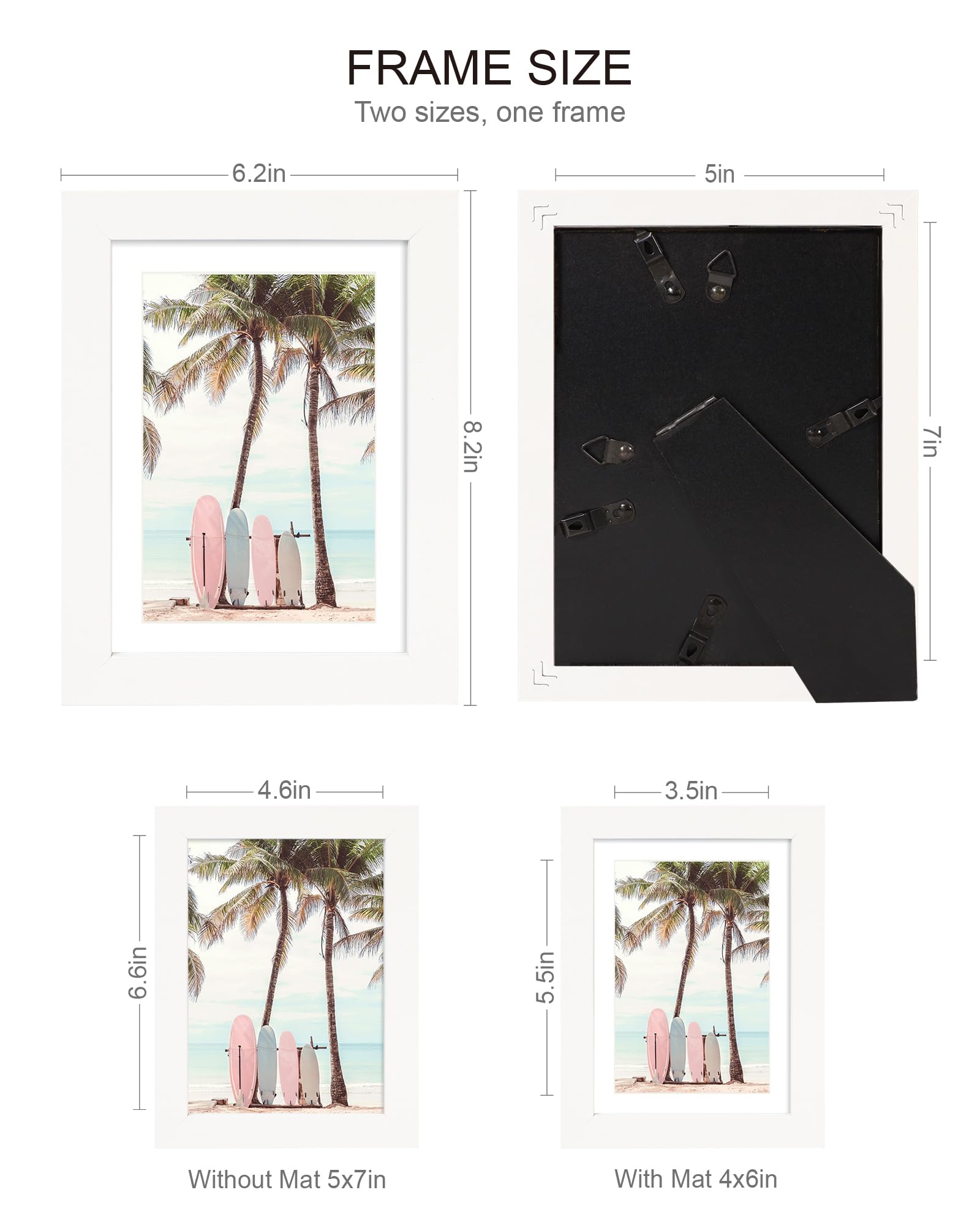 Hongkee 5x7 Picture Frame (4 Pack, White) Made of Real Glass and Wooden Frame - Display Pictures 4x6 with Mat or 5x7 Without Mat